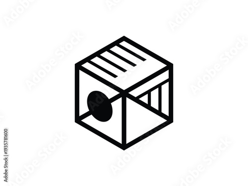 Geometric abstract cube design features internal line patterns and a solid black.