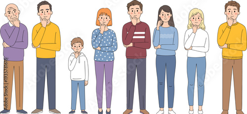 People thinking characters set, diverse men women and child with thoughtful poses, curiosity and decision making concept, flat vector illustration