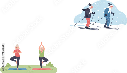 Senior people doing yoga exercise and skiing winter sport vector illustration