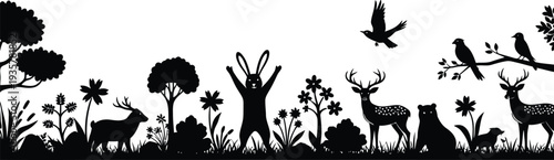 Forest silhouette with deer birds and trees