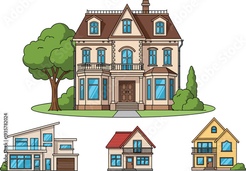 Residential houses collection including modern home cottage and villa vector illustration set