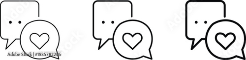 Line art icon depicting two overlapping speech bubbles, one with an ellipsis and the other with a heart, symbolizing liked messages or favorite conversations.