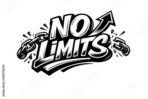 Bold typography "No Limits" with broken chain and upward arrow