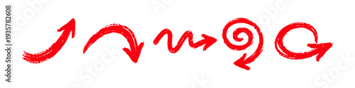Set of five red hand-drawn grunge arrows with brush stroke texture, including spiral, curve, and zigzag shapes isolated on a white background.