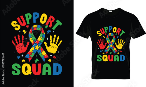 Support Squad Puzzle Ribbon Autism T-Shirt, t-shirt design, tshirt, vector, illustration, logo, apparel, typography, Autism