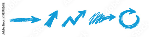 Set of hand-drawn blue grunge arrows on white background. Various shapes including straight, upward trend, zig-zag, scribble, and circular loop.