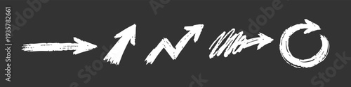 Hand-drawn white chalk arrows set on dark background. Grunge style directional symbols including straight, curved, and zigzag sketch shapes.
