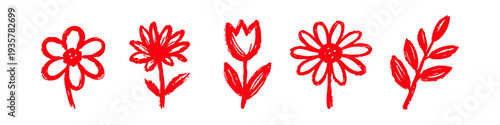 Set of hand-drawn red flower doodles on a white background. Sketchy floral elements including tulip and daisy for creative design projects.