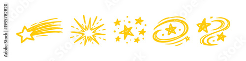 Set of yellow hand-drawn doodle stars, comets, and cosmic bursts isolated on a white background. Whimsical celestial design elements.