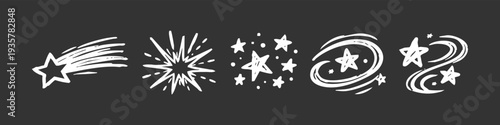 Hand-drawn white star and comet icons set on dark background. Celestial doodle elements for space, magic, and motion design.