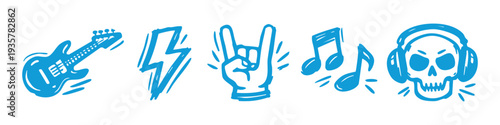 Blue hand-drawn rock music icon set including electric guitar, skull in headphones, lightning bolt, and rock hand gesture on white background.