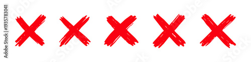 Set of five red hand-drawn brush stroke cross marks or X symbols isolated on a white background. Perfect for rejection, error, and no concept designs.