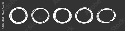 Set of five white hand-drawn scribbled circle frames on a dark gray background. Sketchy doodle rings for highlighting or design elements.