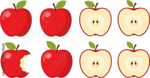 Apple Icon Set Featuring Whole Apples, Bitten Apple and Apple Halves with Seeds for Fresh Fruit Design and Healthy Food Illustration