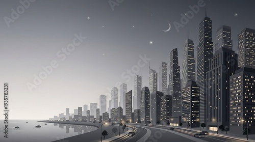 都会の夜景と月と星空