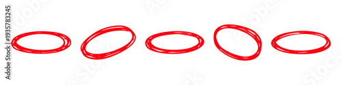 Set of five red hand-drawn oval circles on a white background. Hand-sketched scribbled rings for highlighting text or objects.