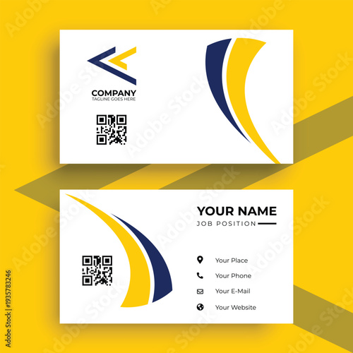 Modern business card template with professional navy blue and yellow abstract curves and QR code placeholder
