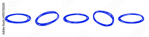 Set of blue hand-drawn scribbled oval rings and doodle circles. Sketchy circular frames for emphasis and decoration on a white background.