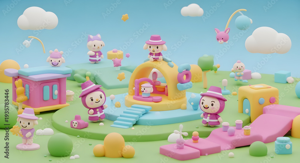 Obraz premium Whimsical cartoon characters play in colorful fantasy landscape with toys