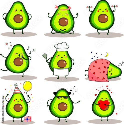 Cute avocado character set, 9 funny emoji emoticons