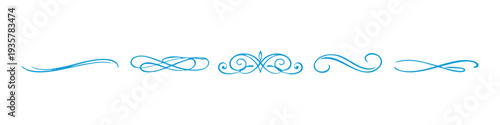 Collection of elegant blue calligraphic flourishes and decorative line dividers on a white background. Ideal for wedding invitations and stationery.