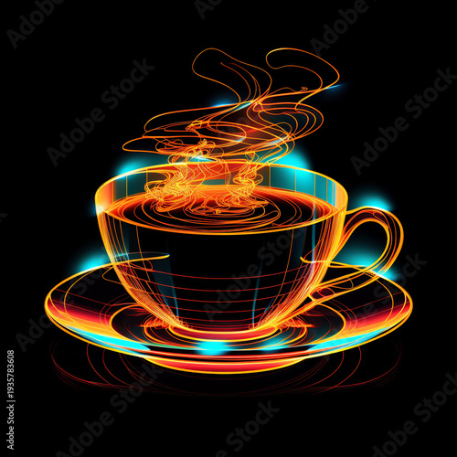 A vibrant digital illustration of a steaming cup of coffee on a saucer with neon light trails