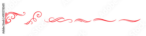Set of elegant red calligraphic flourishes and decorative corner ornaments on a white background. Perfect for wedding invitations and classic design.
