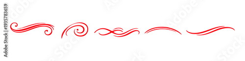 Set of five elegant red calligraphic swirls and decorative flourishes, isolated on white background. Perfect for wedding invitations and logo design.