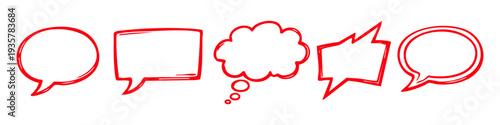 Set of hand-drawn red speech and thought bubbles in a comic doodle style on a white background. Perfect for communication and design concepts.