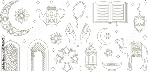 Islamic Ramadan elements set with crescent moon lantern Quran prayer hands camel mosque arch and Arabic ornaments elegant line art vector illustration