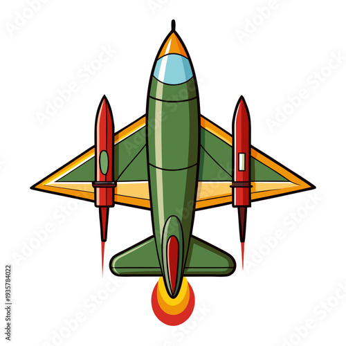 Vibrant cartoon fighter jet soaring through the sky with missiles