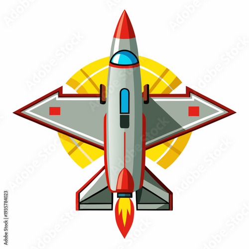 Vibrant fighter jet soaring through sky with dynamic yellow sun