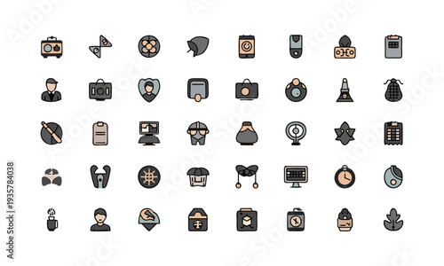 Collection of various icons representing different objects and concepts displayed on a clean white background from a straightforward viewpoint