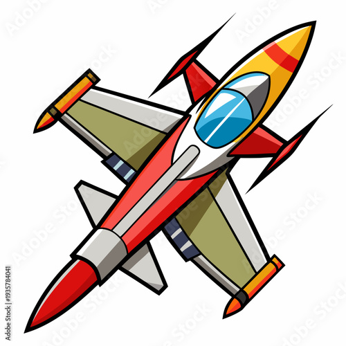 Vibrant cartoon fighter jet soaring through the sky with dynamic design