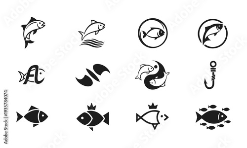 Collection of various fish icons and symbols, including illustrations of different species, hooks, and abstract representations.
