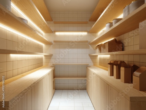 Modern kitchen with warm wood shelves and tiled walls. Soft LED lights illuminate the clean, minimalist space. White tiles cover walls and floor, enhancing brightness
