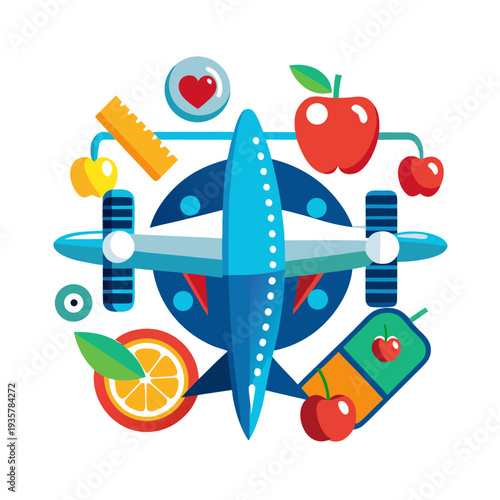 Vibrant airplane surrounded by fresh fruits and healthy symbols