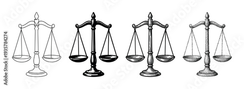 Set of four scales of justice illustrations in different artistic styles including line art, silhouette, engraving, and stippling, symbolizing law, balance, and fairness