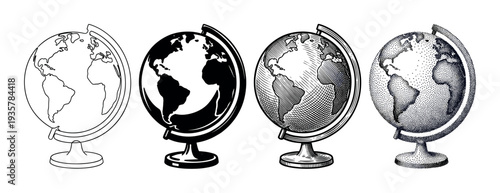 Set of four world globes illustrated in different graphic styles including line art, silhouette, engraving, and stippling, showing a progression of artistic techniques