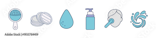 Set of blue and purple skincare icons including a powder puff, cotton pads, serum drop, dispenser bottle, facial cleansing tool, and water splash in a minimalist vector style