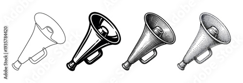 Four vintage-style megaphone or bullhorn illustrations presented in a collection of different graphic techniques like line art, solid icon, engraving, and pointillism
