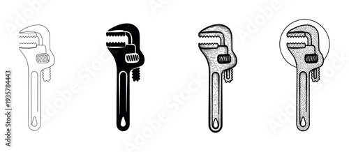 Four adjustable pipe wrench hand tool designs presented in a collection of black and white graphic styles, from minimalist outline to detailed vintage engraving and stippling
