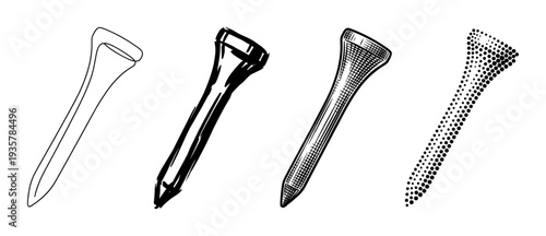 Set of four golf tee illustrations in different artistic styles including simple line art, a rough sketch, detailed engraving, and a modern halftone dot pattern