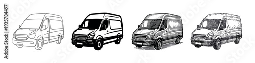 Four commercial cargo van vector illustrations presented in a collection of unique graphic styles like outline, solid black, vintage hatching, and pointillism art
