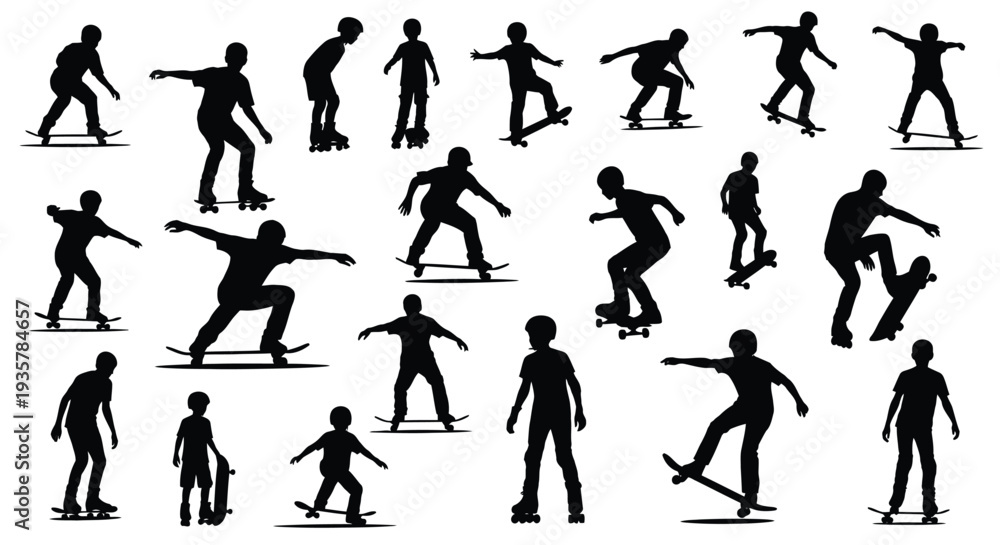 Fototapeta premium Dynamic vector silhouettes illustration capturing boys and young men skillfully skateboarding and rollerblading in various action poses.