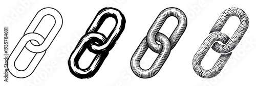 Four black and white chain link icons presented in different artistic styles including simple outline, brush stroke, engraved hatching, and dotted stippling texture