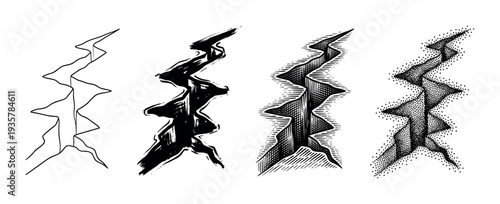 Set of four black crack illustrations showing different artistic styles including line art, brush stroke, vintage engraving, and stippling for graphic design elements