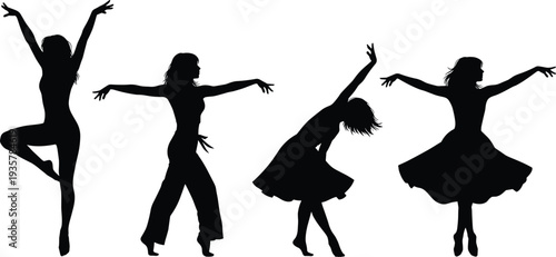 Female dancer silhouette set with ballet and contemporary dance poses isolated on white background elegant woman black vector collection