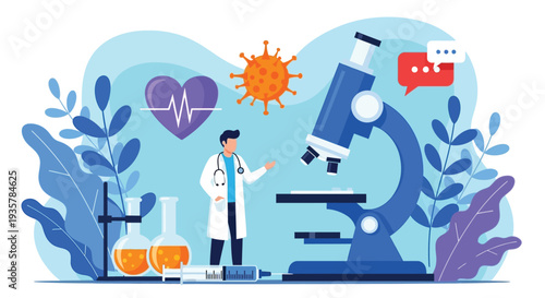 Medical researcher analyzing a virus sample with a large microscope illustration and health symbols