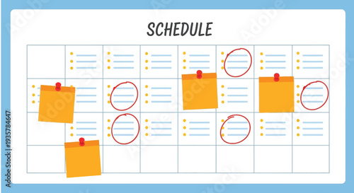 Vector graphic illustration of a schedule planner featuring important marked dates with sticky notes and circles